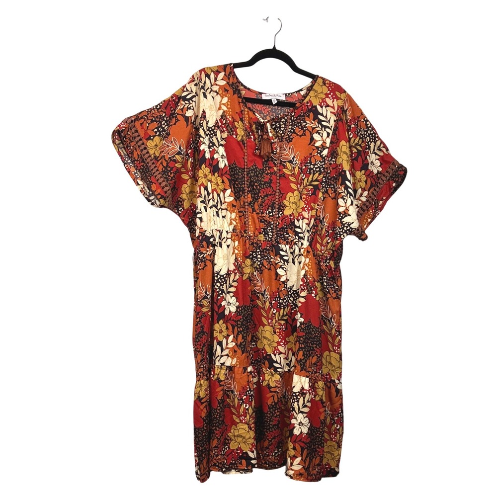Harlow & Rose Orange Floral Tiered Dress - 2X- Tassel Boho Peasant Autumn